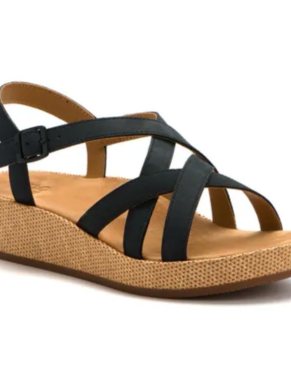 Abeo Black Strappy Wedge Sandals with Tan Woven Platform